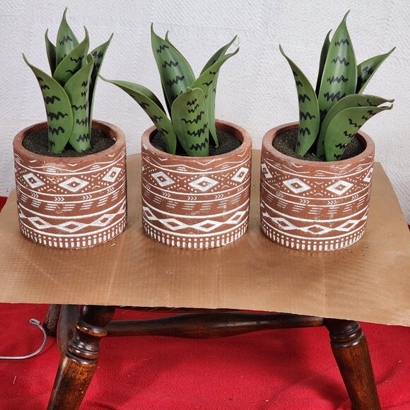 Faux Plants in Terracotta Tribal Print Faux Cement Pots Set of 3 4"Wx9"H - Picture 2 of 15